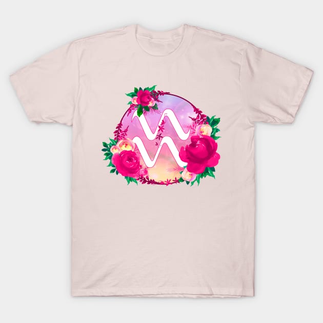 Aquarius Zodiac Horoscope Pink Floral Monogram T-Shirt by bumblefuzzies